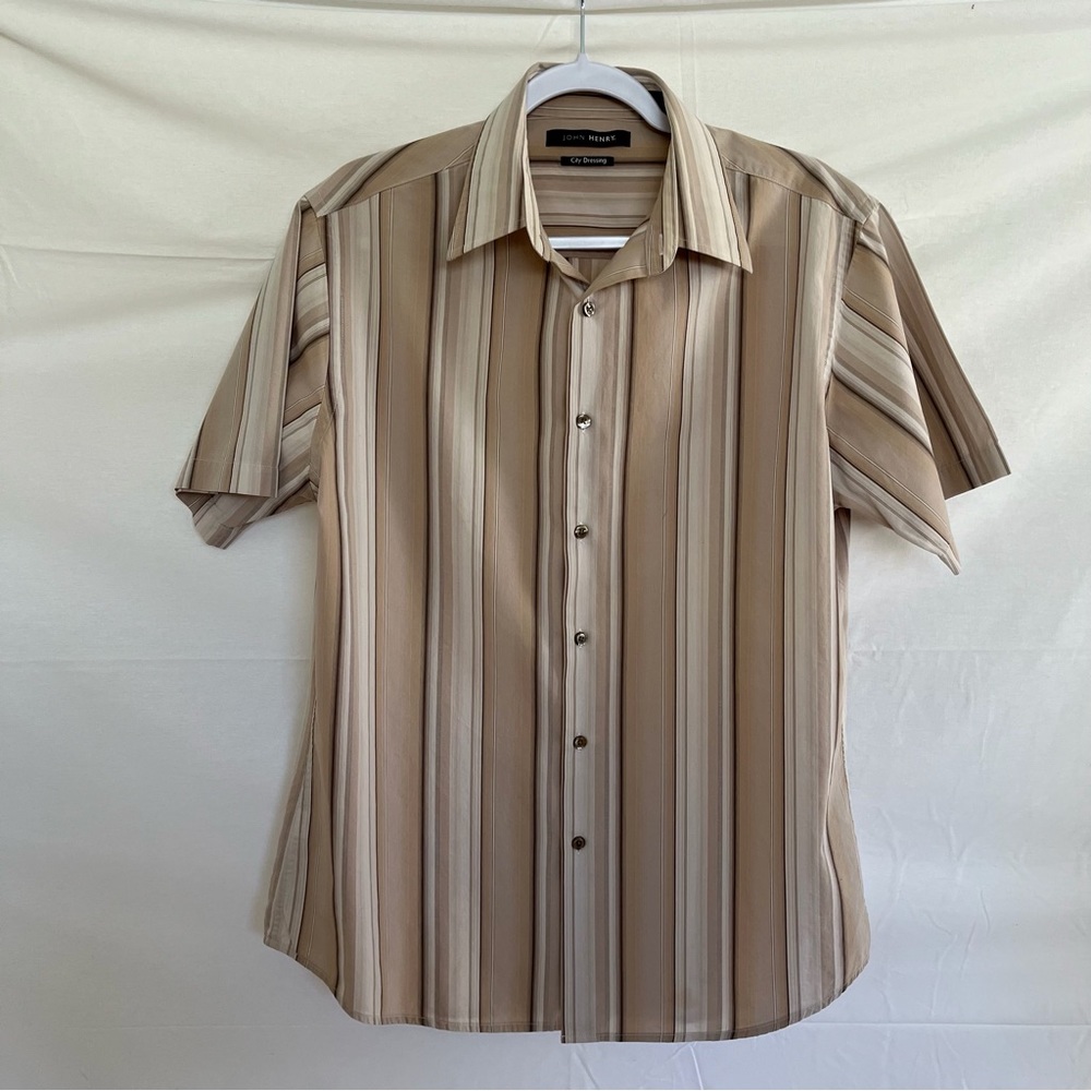John Henry City Dressing Short Sleeve Button Up Shirt Large Light Brown Stripe